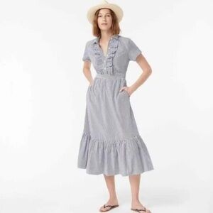 J.CREW Ruffle-front midi dress in striped cotton poplin size 10